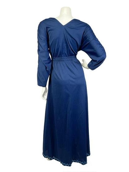 VTG 60S 70S NAVY BLUE SEQUIN V NECK BLOUSON RUCHED PARTY MAXI DRESS 8 10 S