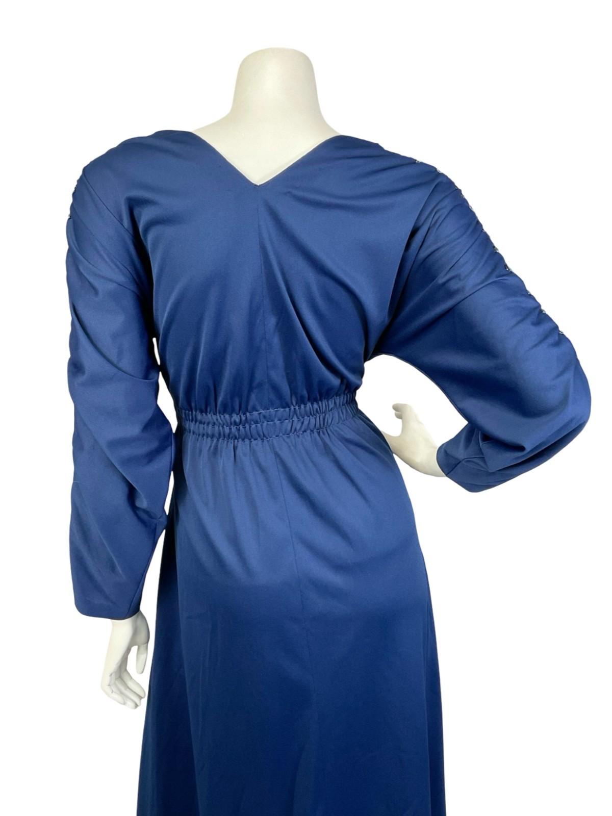 VTG 60S 70S NAVY BLUE SEQUIN V NECK BLOUSON RUCHED PARTY MAXI DRESS 8 10 S