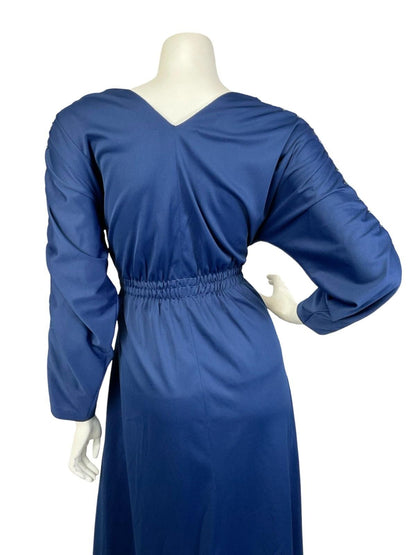 VTG 60S 70S NAVY BLUE SEQUIN V NECK BLOUSON RUCHED PARTY MAXI DRESS 8 10 S