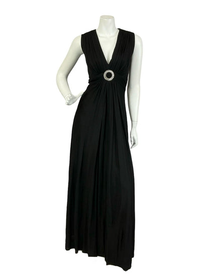 VTG 60S 70S BLACK RUCHED DIAMANTE CIRCLE EMPIRE PLUNGING EVENING MAXI DRESS 12