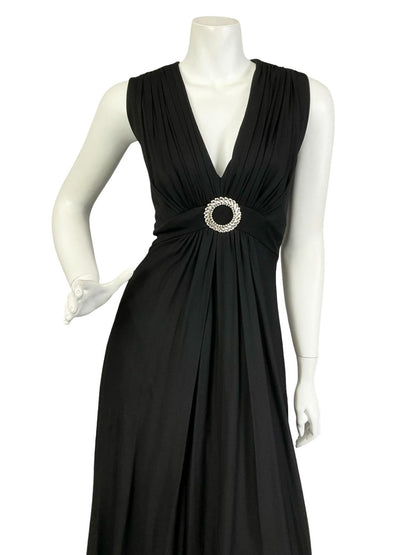 VTG 60S 70S BLACK RUCHED DIAMANTE CIRCLE EMPIRE PLUNGING EVENING MAXI DRESS 12