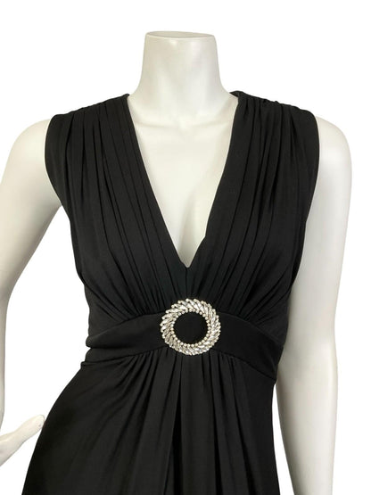 VTG 60S 70S BLACK RUCHED DIAMANTE CIRCLE EMPIRE PLUNGING EVENING MAXI DRESS 12