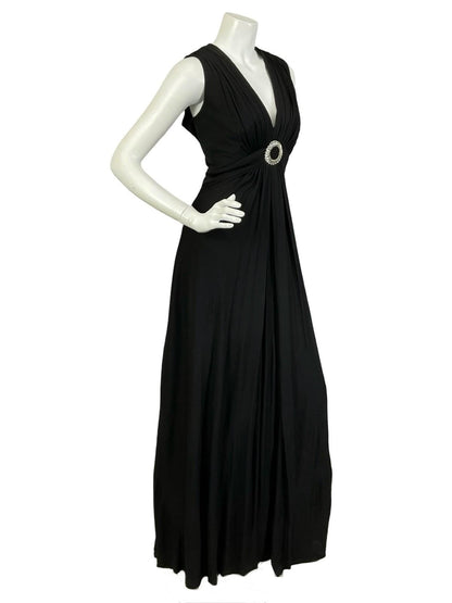 VTG 60S 70S BLACK RUCHED DIAMANTE CIRCLE EMPIRE PLUNGING EVENING MAXI DRESS 12