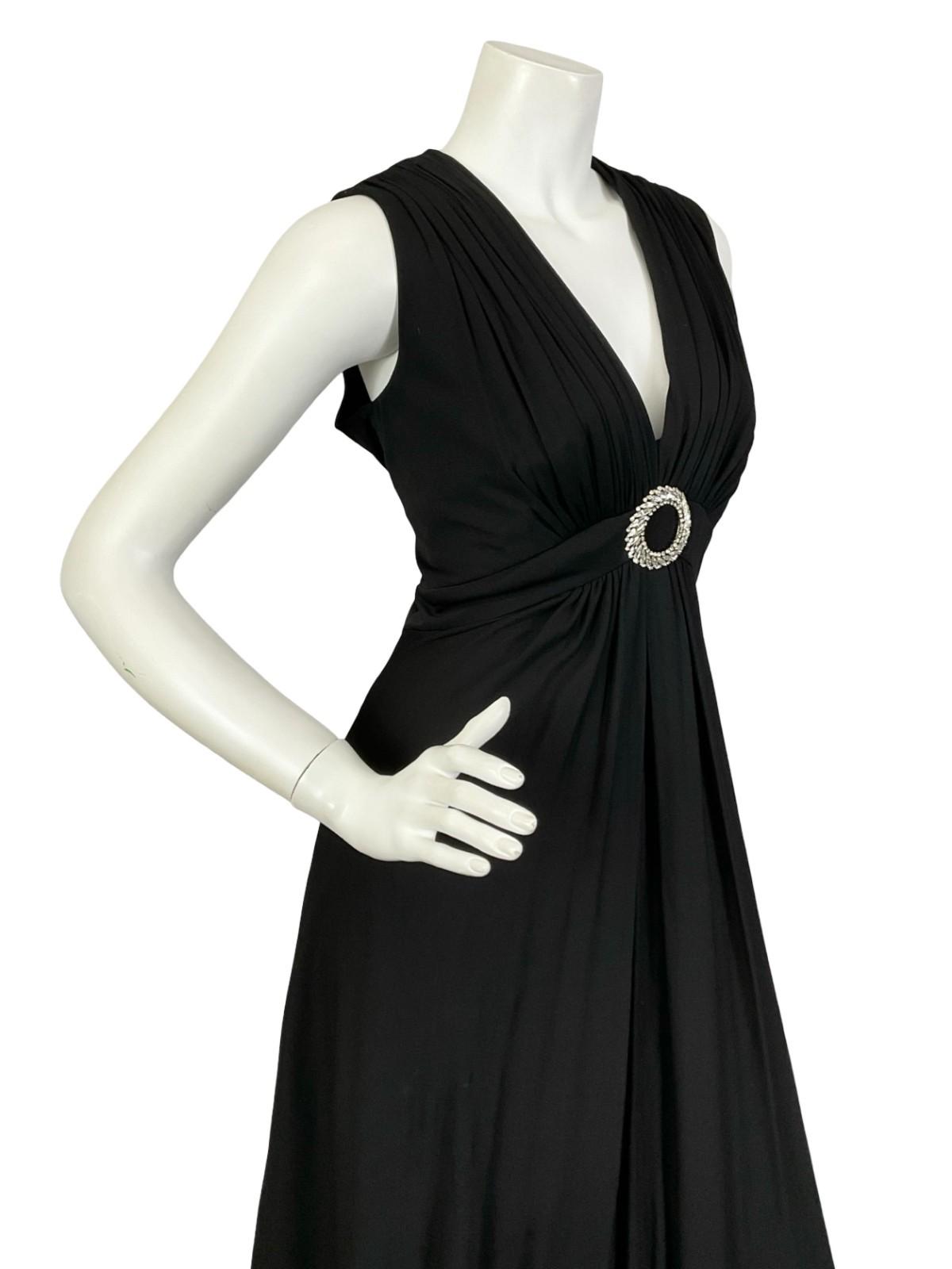 VTG 60S 70S BLACK RUCHED DIAMANTE CIRCLE EMPIRE PLUNGING EVENING MAXI DRESS 12