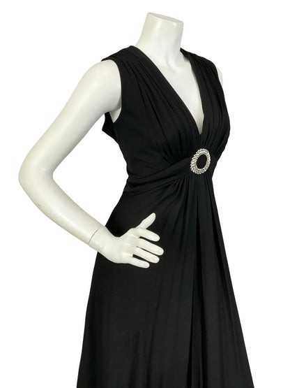 VTG 60S 70S BLACK RUCHED DIAMANTE CIRCLE EMPIRE PLUNGING EVENING MAXI DRESS 12