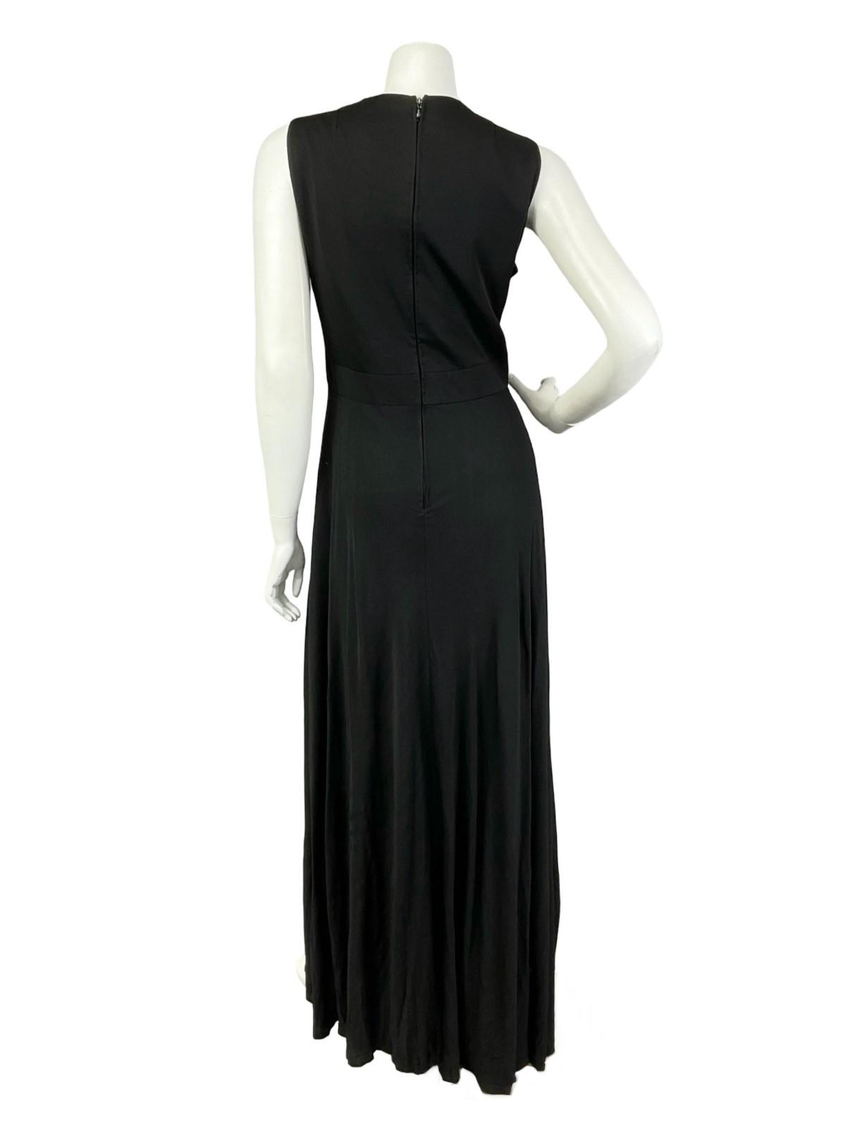 VTG 60S 70S BLACK RUCHED DIAMANTE CIRCLE EMPIRE PLUNGING EVENING MAXI DRESS 12