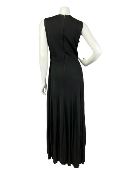 VTG 60S 70S BLACK RUCHED DIAMANTE CIRCLE EMPIRE PLUNGING EVENING MAXI DRESS 12