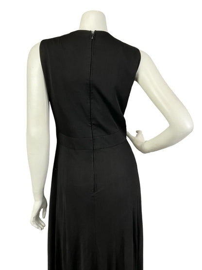 VTG 60S 70S BLACK RUCHED DIAMANTE CIRCLE EMPIRE PLUNGING EVENING MAXI DRESS 12