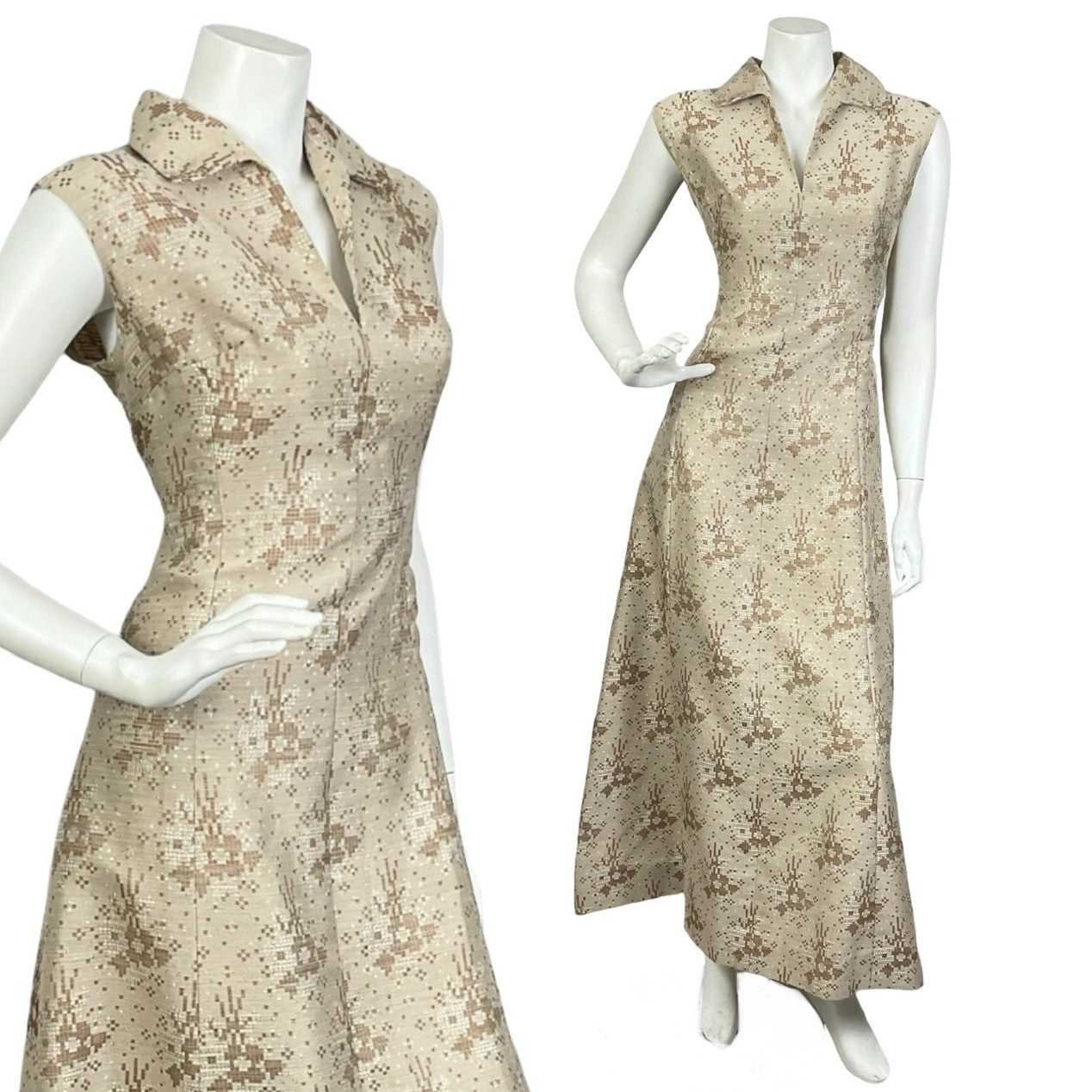 Mannequin wears a vintage 60s 70s sleeveless gold maxi dress with a dagger collar and glittery geometric print. 