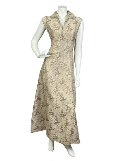 VTG 60S 70S MOD PARTY GOLD BEIGE GEOMETRIC PIXEL LUREX SHIFT MAXI DRESS 12