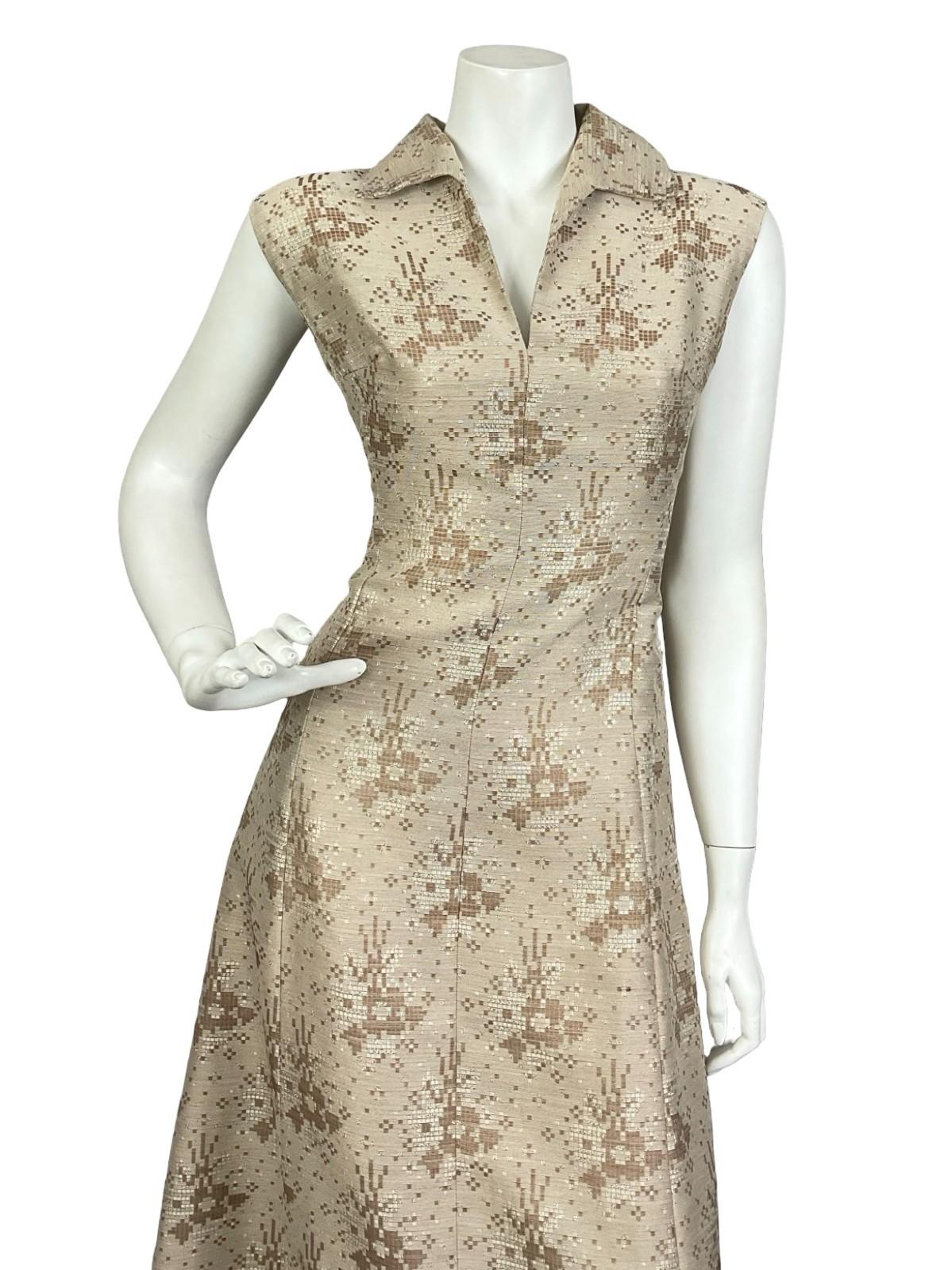 VTG 60S 70S MOD PARTY GOLD BEIGE GEOMETRIC PIXEL LUREX SHIFT MAXI DRESS 12