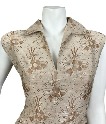 VTG 60S 70S MOD PARTY GOLD BEIGE GEOMETRIC PIXEL LUREX SHIFT MAXI DRESS 12