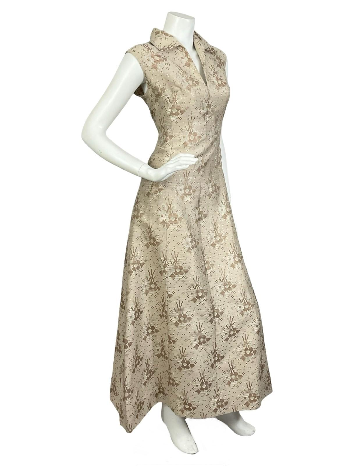 VTG 60S 70S MOD PARTY GOLD BEIGE GEOMETRIC PIXEL LUREX SHIFT MAXI DRESS 12