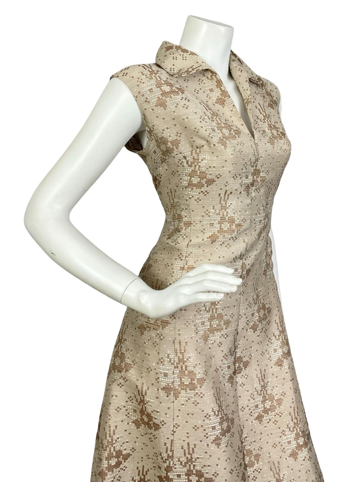 VTG 60S 70S MOD PARTY GOLD BEIGE GEOMETRIC PIXEL LUREX SHIFT MAXI DRESS 12