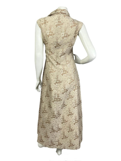 VTG 60S 70S MOD PARTY GOLD BEIGE GEOMETRIC PIXEL LUREX SHIFT MAXI DRESS 12