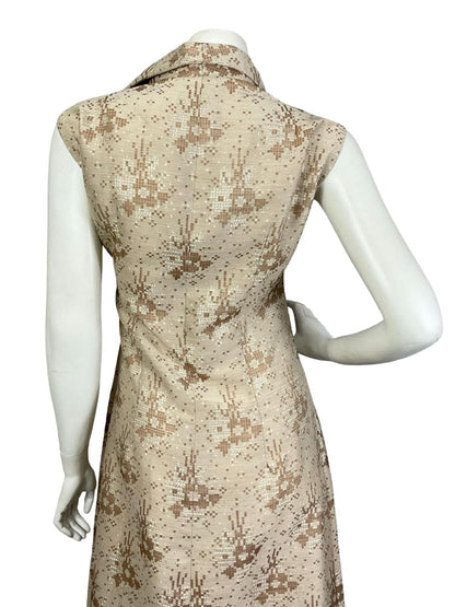 VTG 60S 70S MOD PARTY GOLD BEIGE GEOMETRIC PIXEL LUREX SHIFT MAXI DRESS 12