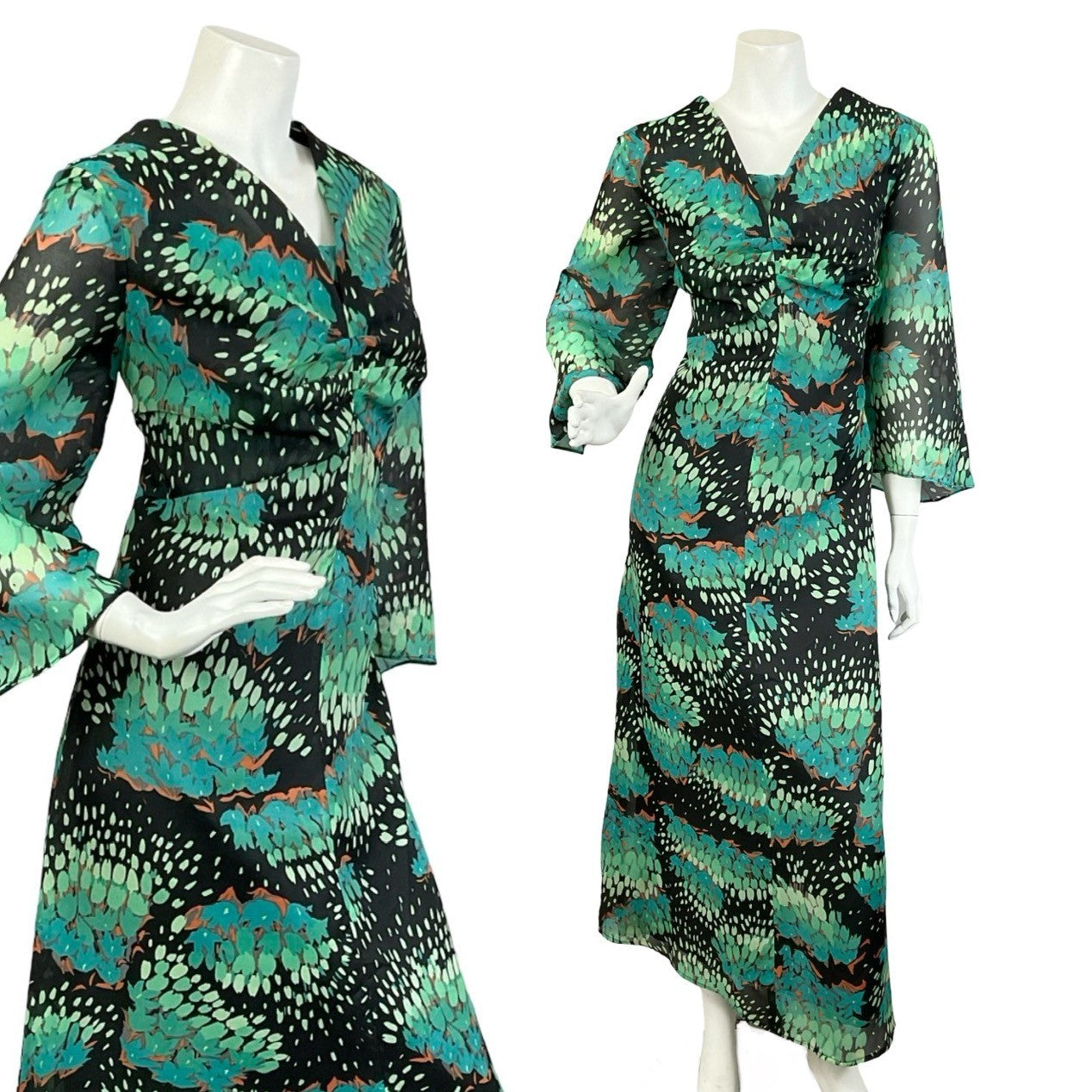 Mannequin wears a black and green floral plunge V neck maxi dress with cropped bell sleeves. 