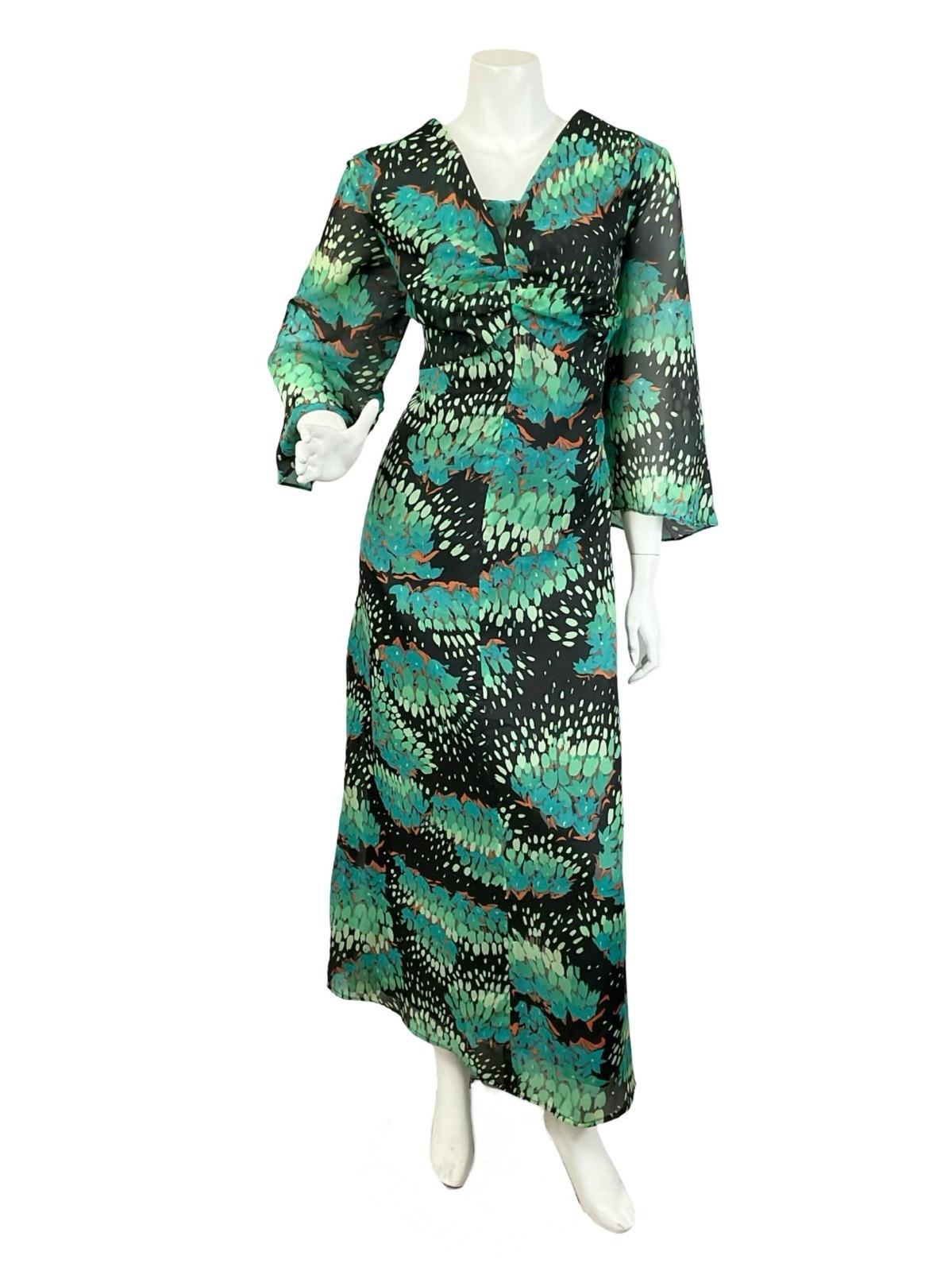 VTG 60S 70S BLUE GREEN BLACK ABSTRACT PLUNGE EMPIRE FLOATY MAXI DRESS 14