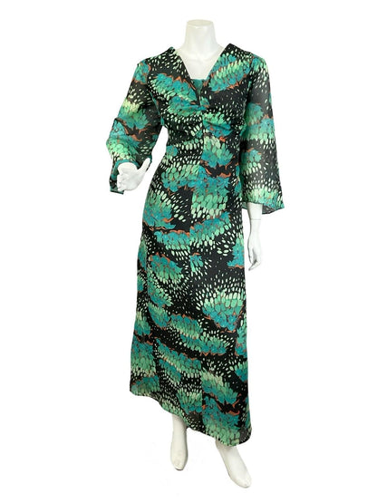 VTG 60S 70S BLUE GREEN BLACK ABSTRACT PLUNGE EMPIRE FLOATY MAXI DRESS 14