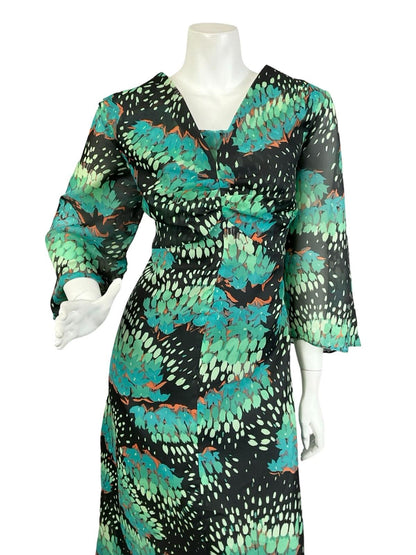 VTG 60S 70S BLUE GREEN BLACK ABSTRACT PLUNGE EMPIRE FLOATY MAXI DRESS 14