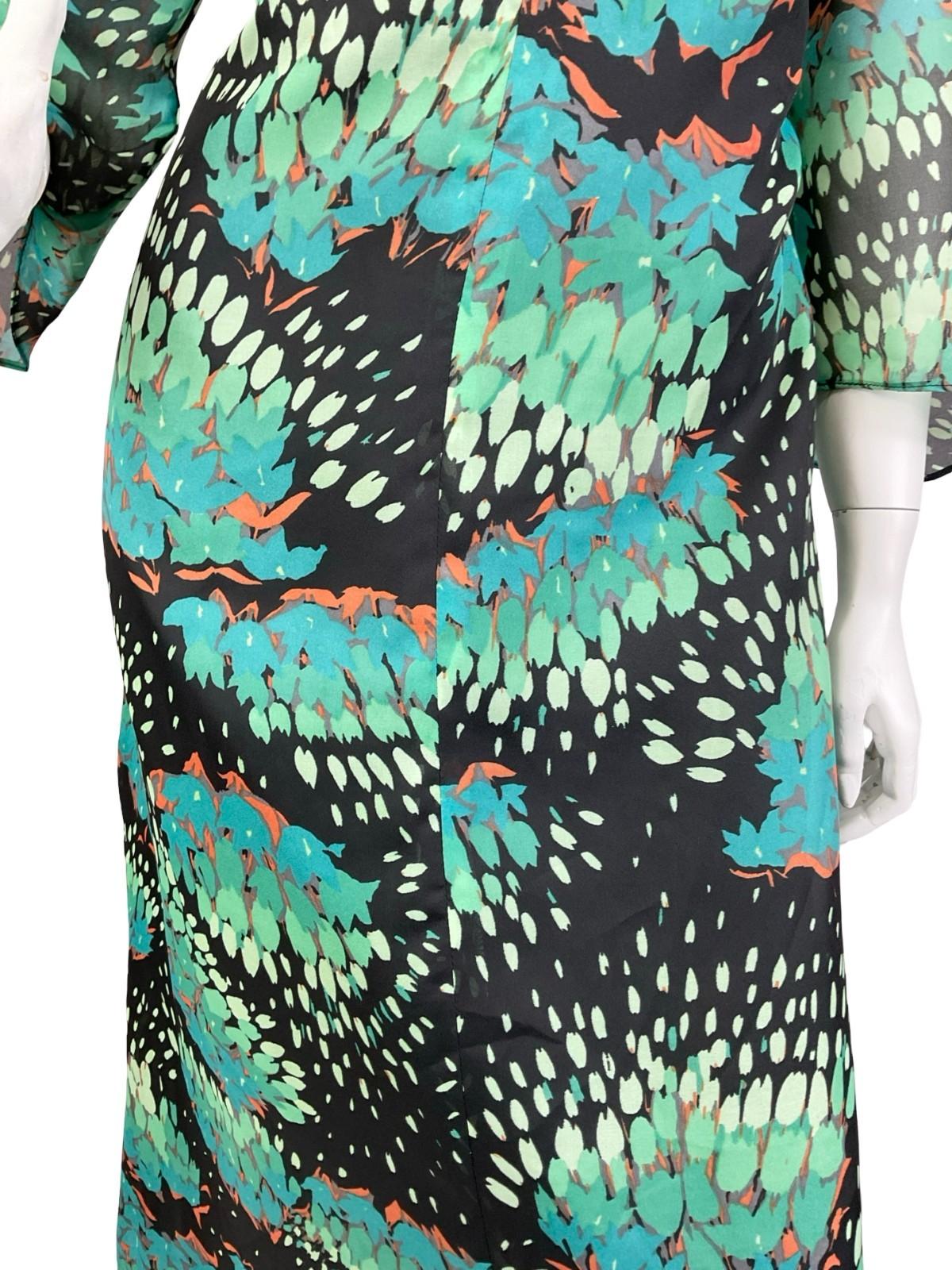 VTG 60S 70S BLUE GREEN BLACK ABSTRACT PLUNGE EMPIRE FLOATY MAXI DRESS 14