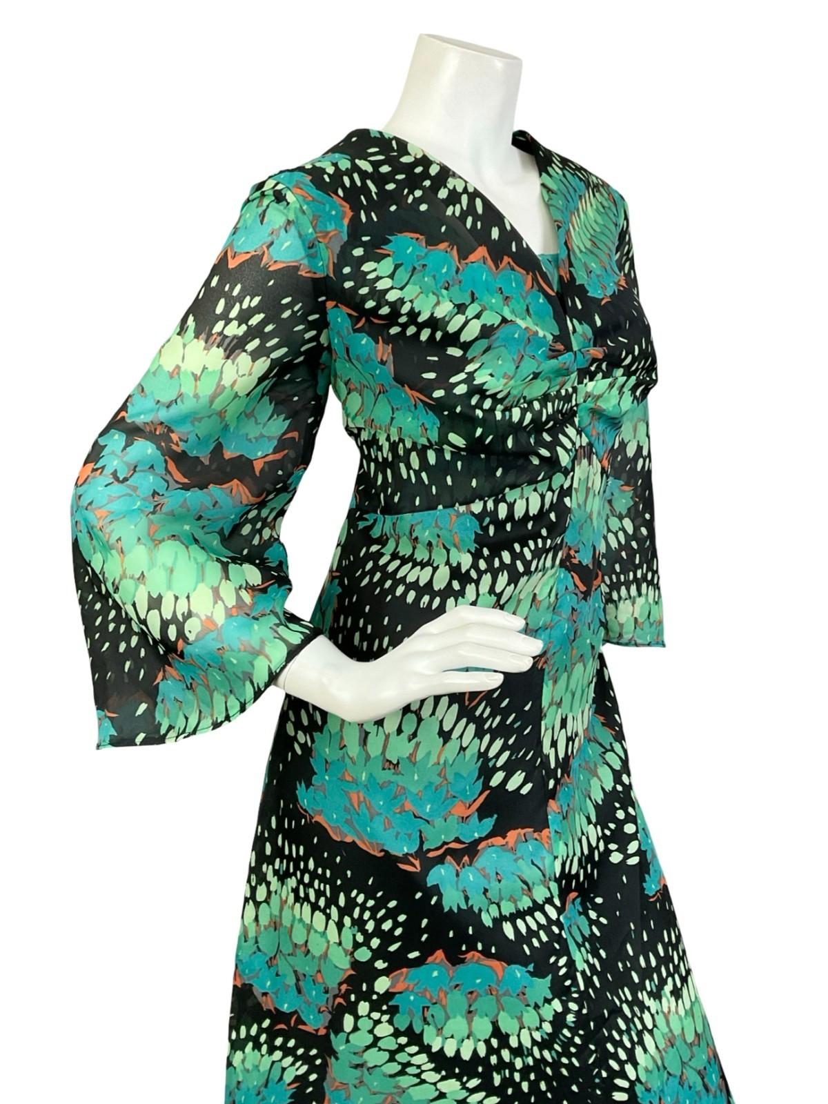 VTG 60S 70S BLUE GREEN BLACK ABSTRACT PLUNGE EMPIRE FLOATY MAXI DRESS 14