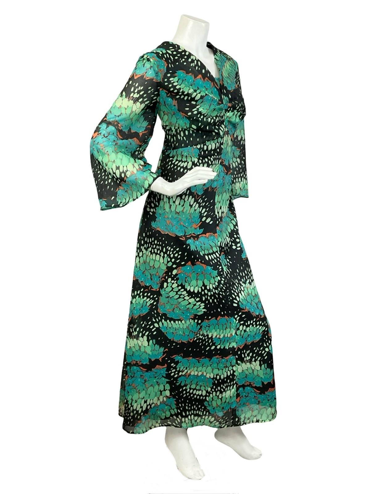 VTG 60S 70S BLUE GREEN BLACK ABSTRACT PLUNGE EMPIRE FLOATY MAXI DRESS 14