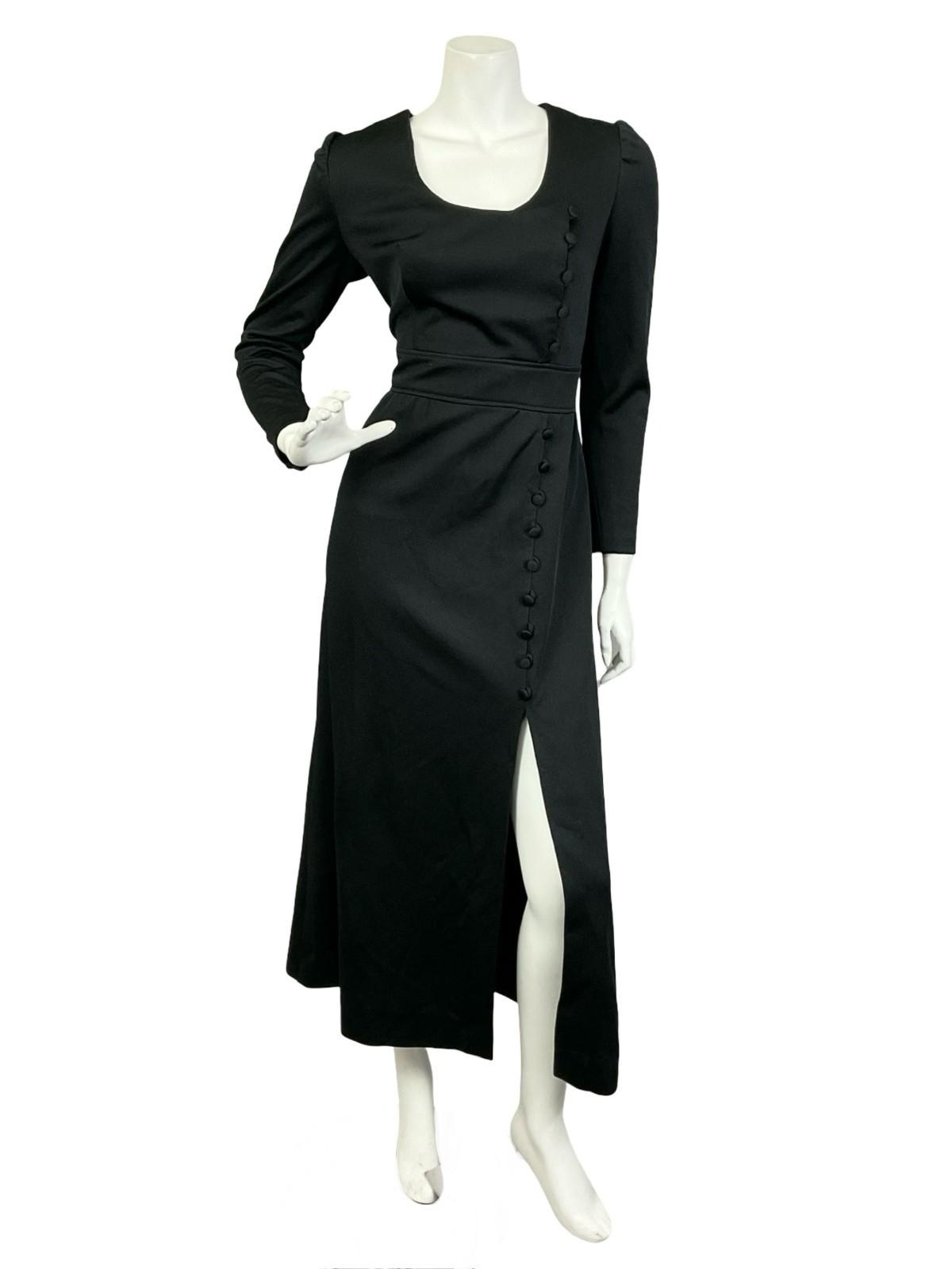 VTG 60S 70S MONOCHROME MOD BLACK EMPIRE ASYMMETRIC SLIT MAXI DRESS 10 12