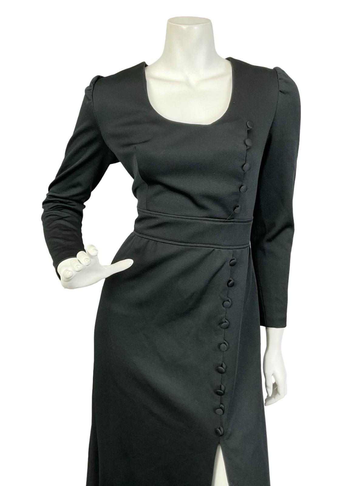 VTG 60S 70S MONOCHROME MOD BLACK EMPIRE ASYMMETRIC SLIT MAXI DRESS 10 12