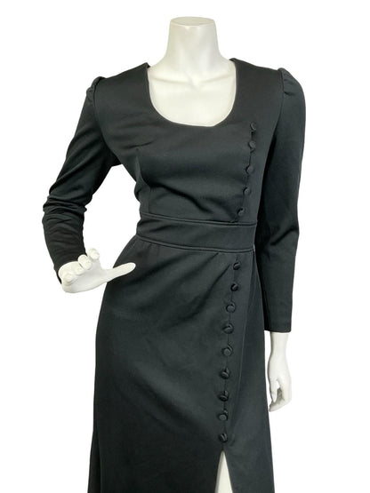 VTG 60S 70S MONOCHROME MOD BLACK EMPIRE ASYMMETRIC SLIT MAXI DRESS 10 12