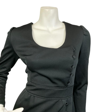 VTG 60S 70S MONOCHROME MOD BLACK EMPIRE ASYMMETRIC SLIT MAXI DRESS 10 12