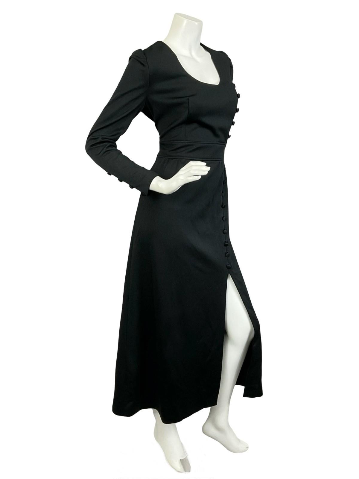 VTG 60S 70S MONOCHROME MOD BLACK EMPIRE ASYMMETRIC SLIT MAXI DRESS 10 12