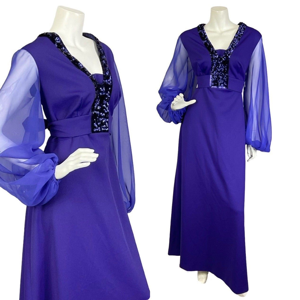 Mannequin wears a deep purple maxi dress with a sequin neckline and mesh, balloon sleeves. 