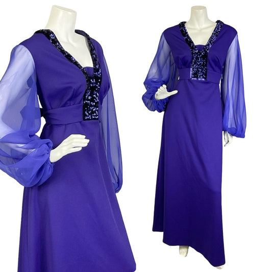 Mannequin wears a deep purple maxi dress with a sequin neckline and mesh, balloon sleeves. 