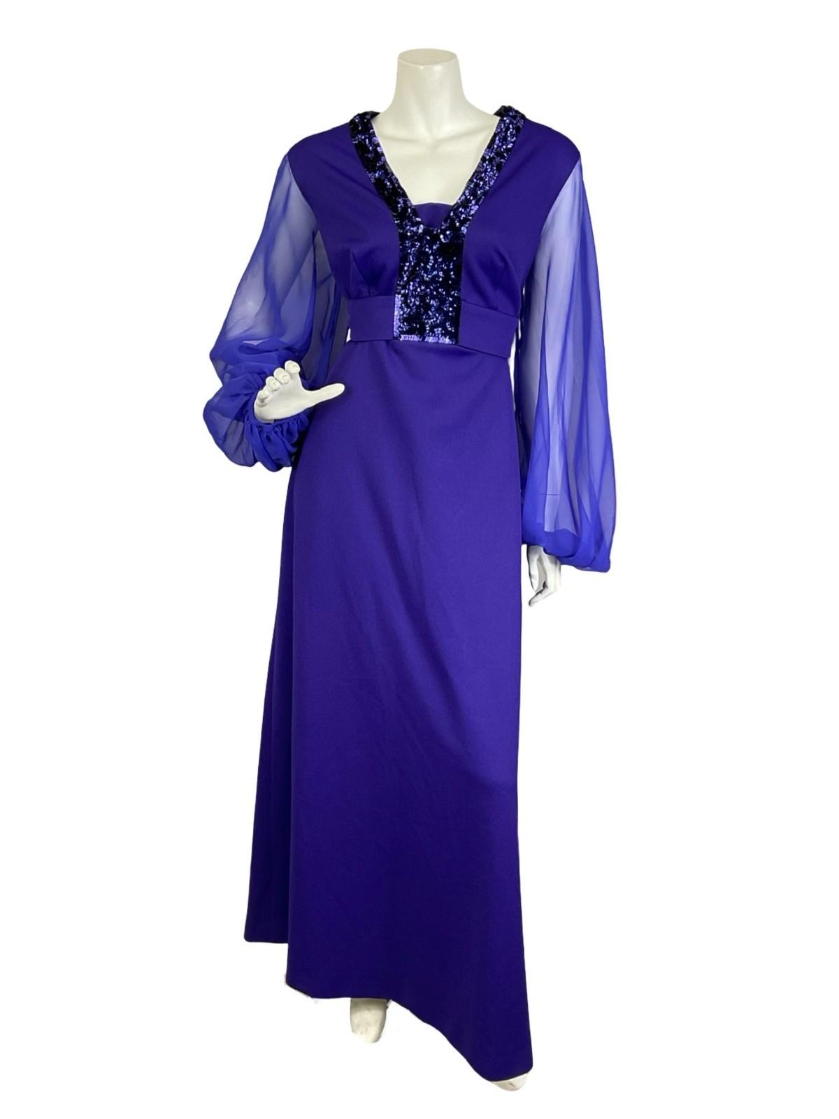 VTG 60S 70S DEEP PURPLE SEQUIN PLUNGE MESH BALLOON SLEEVE MAXI DRESS 16