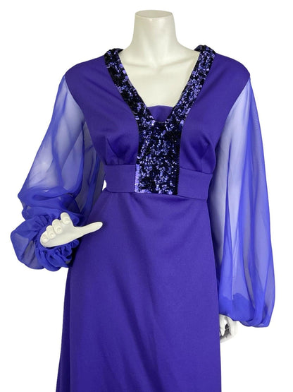 VTG 60S 70S DEEP PURPLE SEQUIN PLUNGE MESH BALLOON SLEEVE MAXI DRESS 16