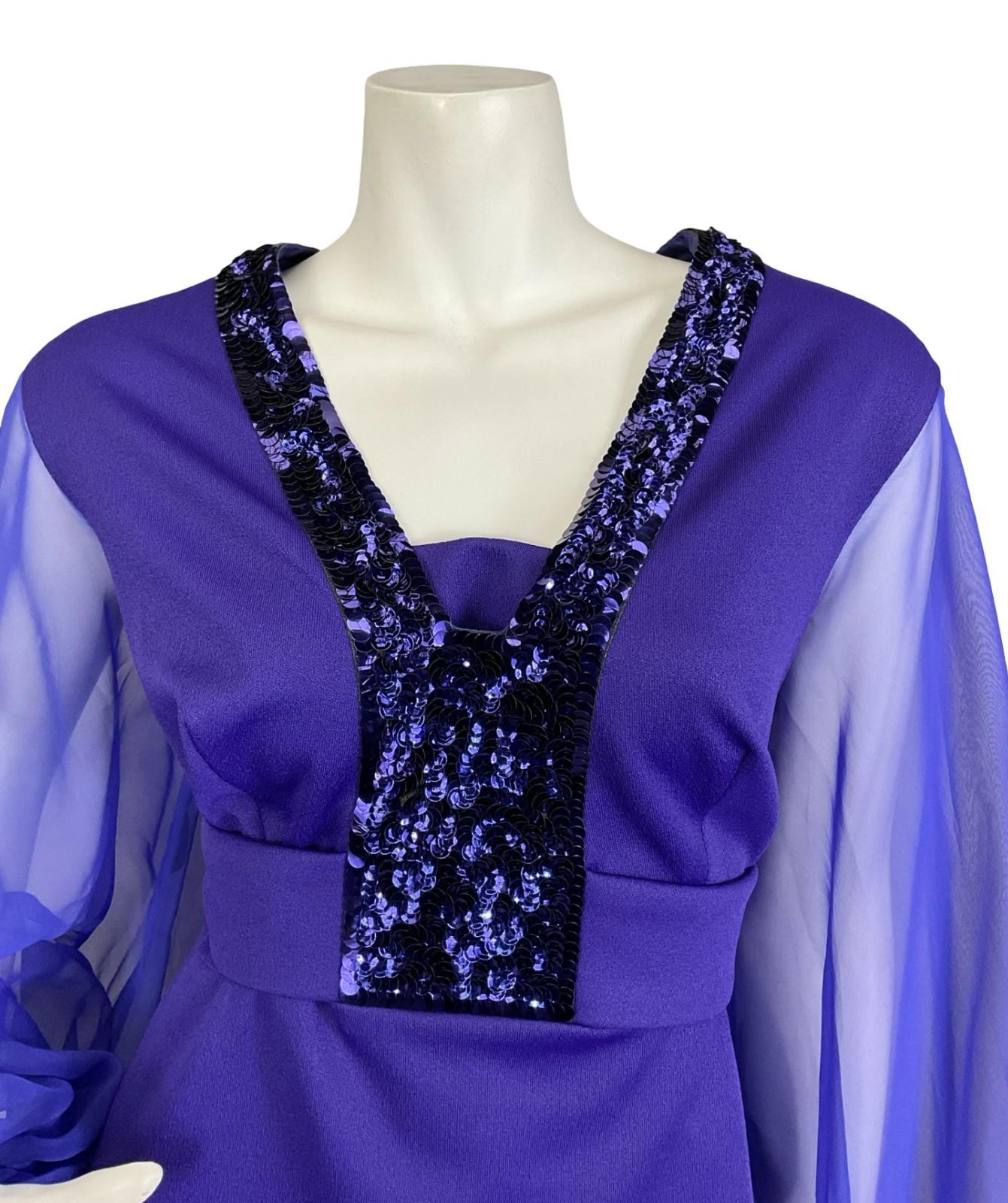 VTG 60S 70S DEEP PURPLE SEQUIN PLUNGE MESH BALLOON SLEEVE MAXI DRESS 16