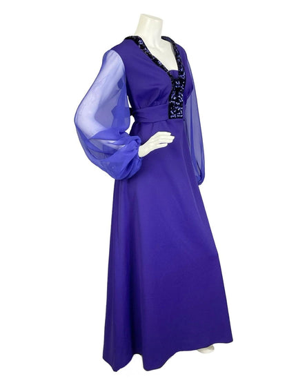 VTG 60S 70S DEEP PURPLE SEQUIN PLUNGE MESH BALLOON SLEEVE MAXI DRESS 16