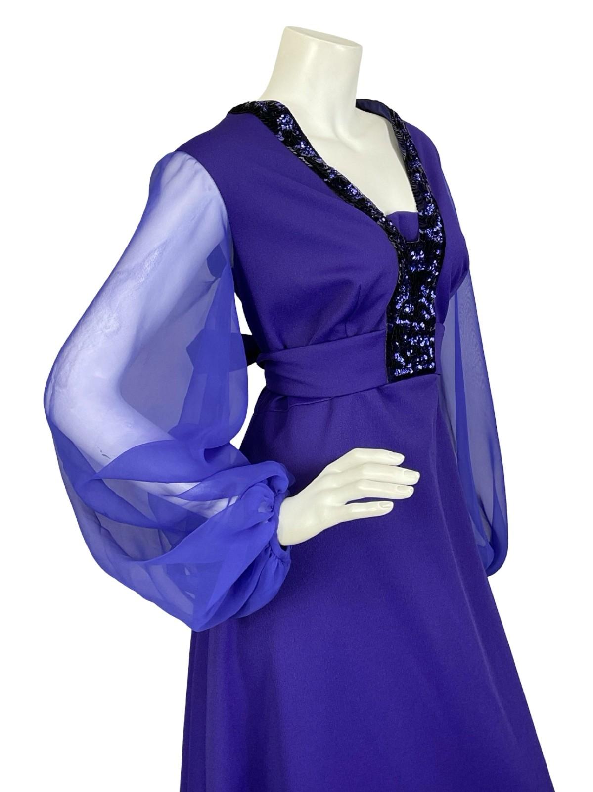 VTG 60S 70S DEEP PURPLE SEQUIN PLUNGE MESH BALLOON SLEEVE MAXI DRESS 16