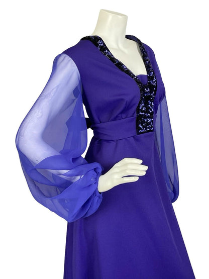 VTG 60S 70S DEEP PURPLE SEQUIN PLUNGE MESH BALLOON SLEEVE MAXI DRESS 16