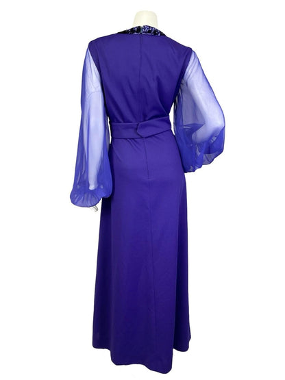 VTG 60S 70S DEEP PURPLE SEQUIN PLUNGE MESH BALLOON SLEEVE MAXI DRESS 16
