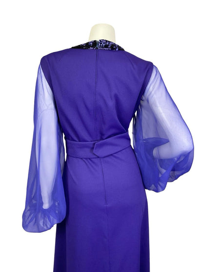 VTG 60S 70S DEEP PURPLE SEQUIN PLUNGE MESH BALLOON SLEEVE MAXI DRESS 16