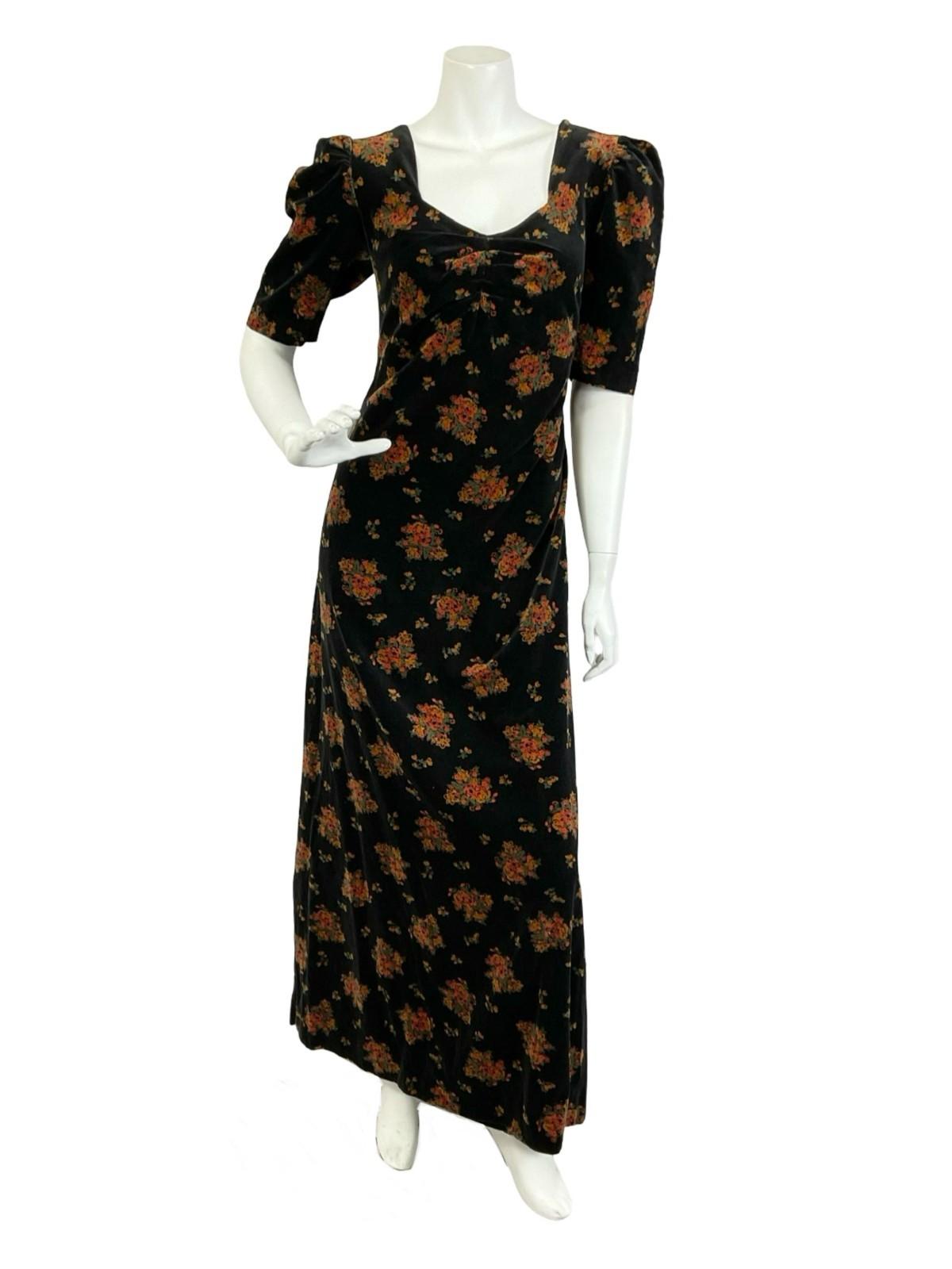 VTG 60S 70S BLACK VELVET BEIGE GREEN FLORAL SWEETHEART MAXI DRESS 12