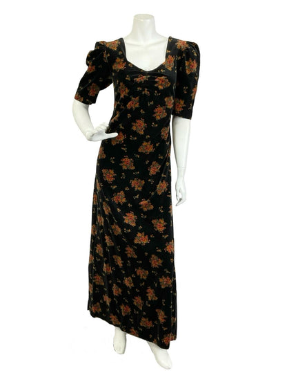 VTG 60S 70S BLACK VELVET BEIGE GREEN FLORAL SWEETHEART MAXI DRESS 12