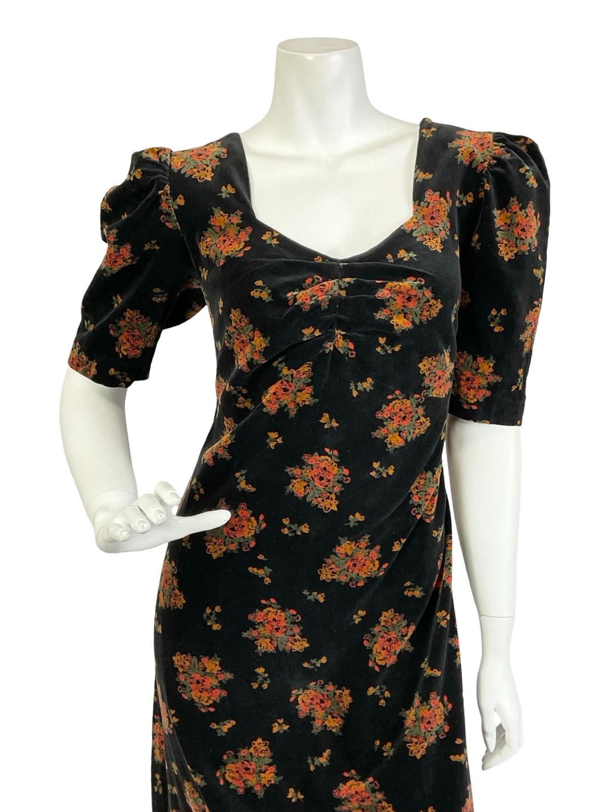 VTG 60S 70S BLACK VELVET BEIGE GREEN FLORAL SWEETHEART MAXI DRESS 12