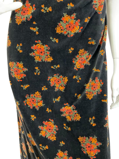 VTG 60S 70S BLACK VELVET BEIGE GREEN FLORAL SWEETHEART MAXI DRESS 12