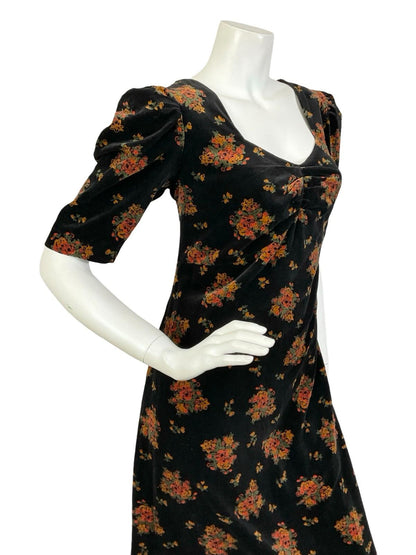 VTG 60S 70S BLACK VELVET BEIGE GREEN FLORAL SWEETHEART MAXI DRESS 12