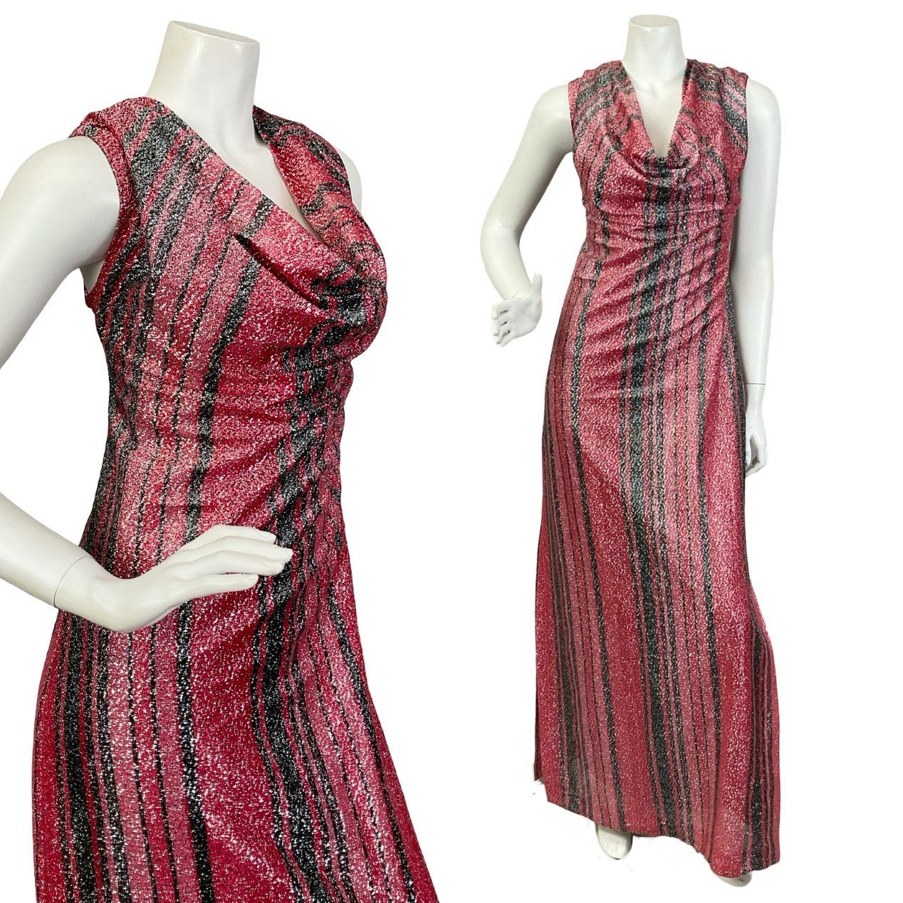 Mannequin wears a vintage red and black striped sleeveless maxi dress with a cowl neck. 