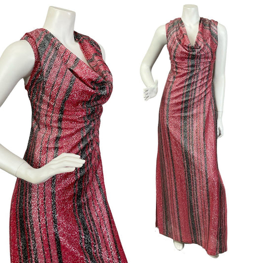Mannequin wears a vintage red and black striped sleeveless maxi dress with a cowl neck. 