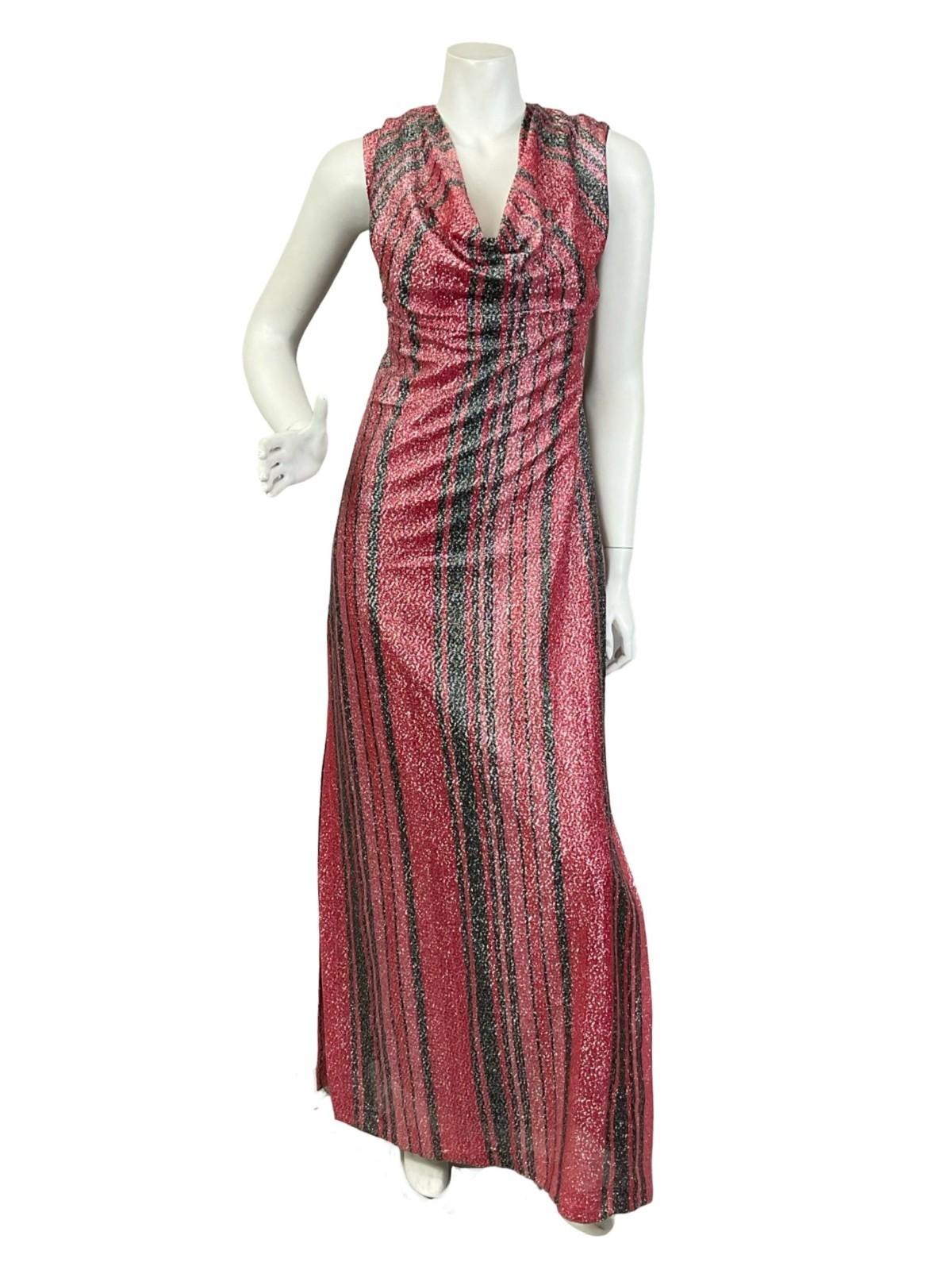 VTG 60S 70S RED BLACK GLITTERING LUREX COWL NECK SHIFT PARTY MAXI DRESS 14